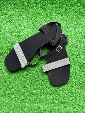 Rhinestone Accent Black Square Toe Flat Sandals US Women's 8 | EUR 39